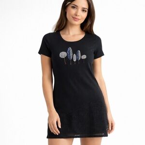 En Suey  Black Embroidered Mesh Hem Short Sleeve Dress Size XL (Runs Small)